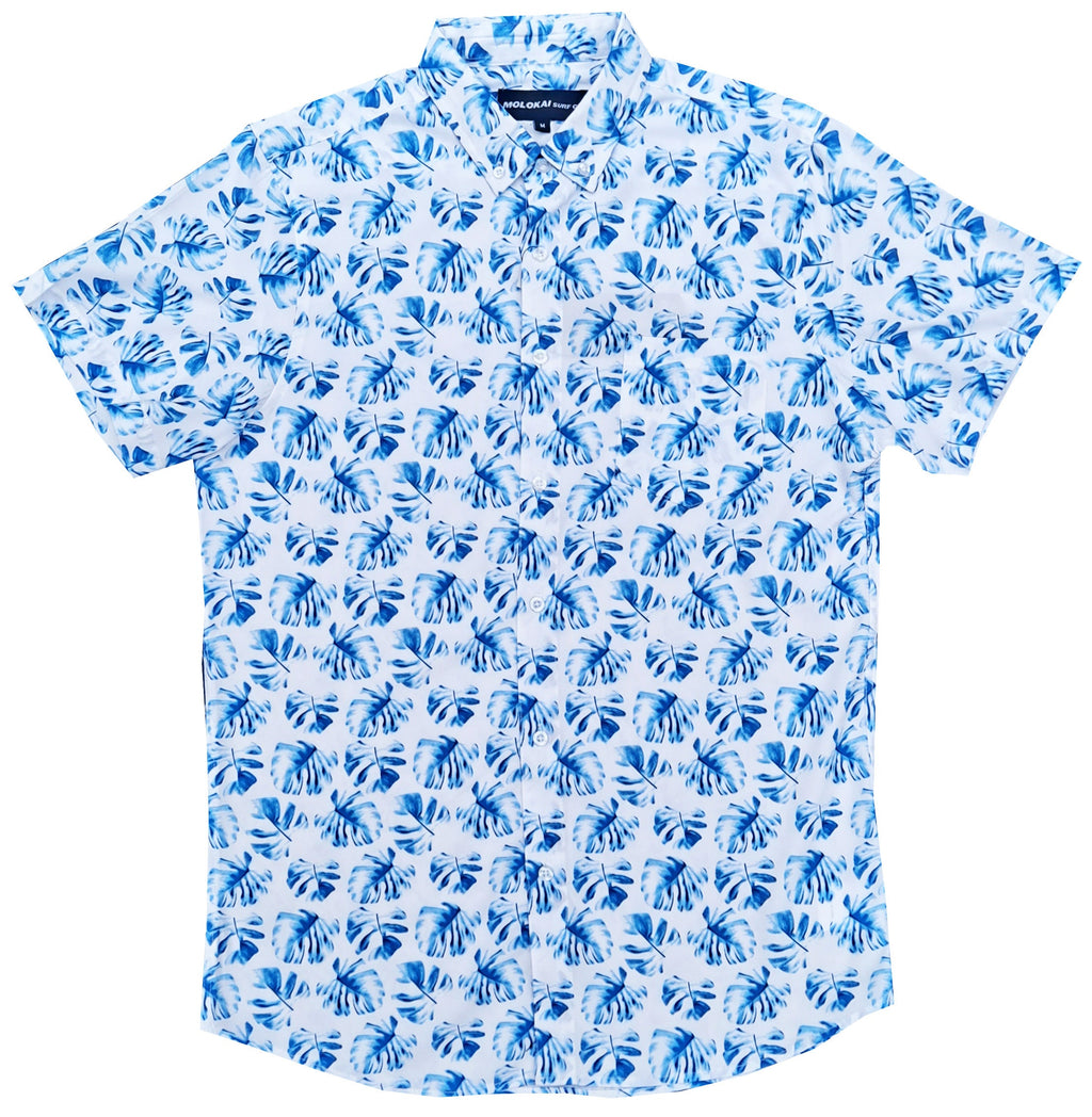 White and Blue Monstera Button Down Shirt