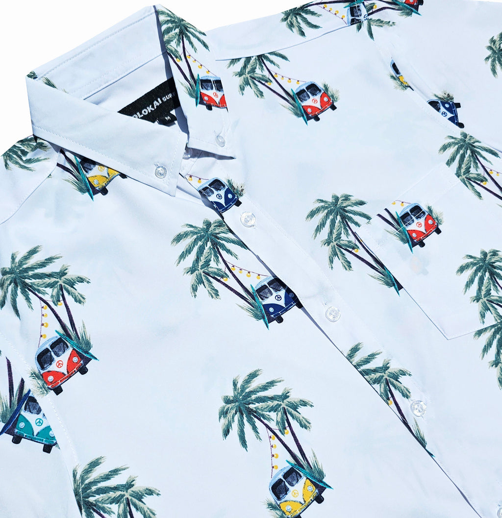 White Beach Cars and Palms Button Down Shirt