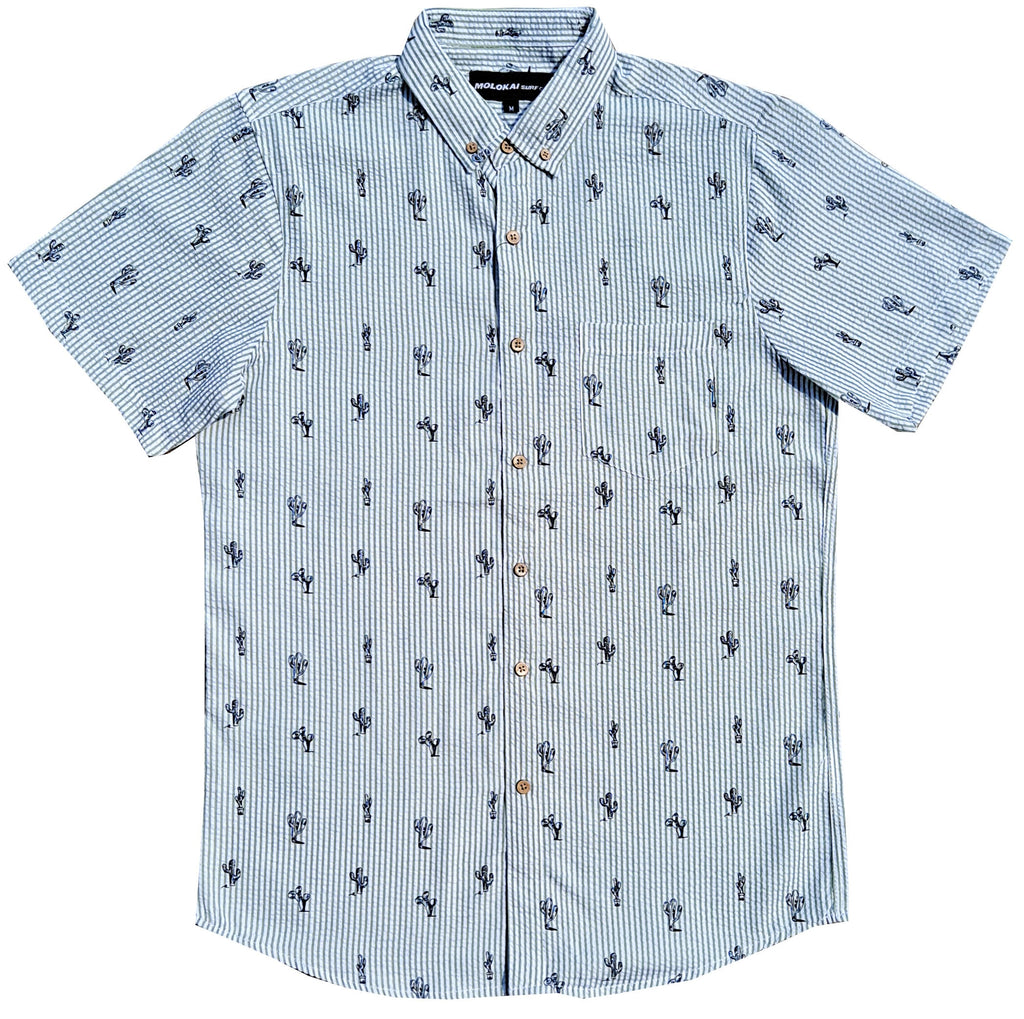 Olive Green Striped Cactus Seersucker Button Down Shirt