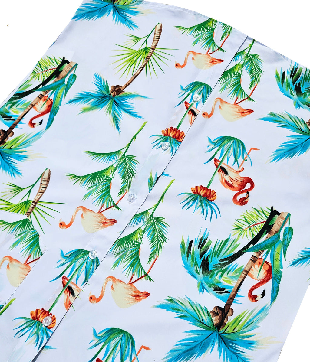 White Tropical Flamingo Button Down Shirt
