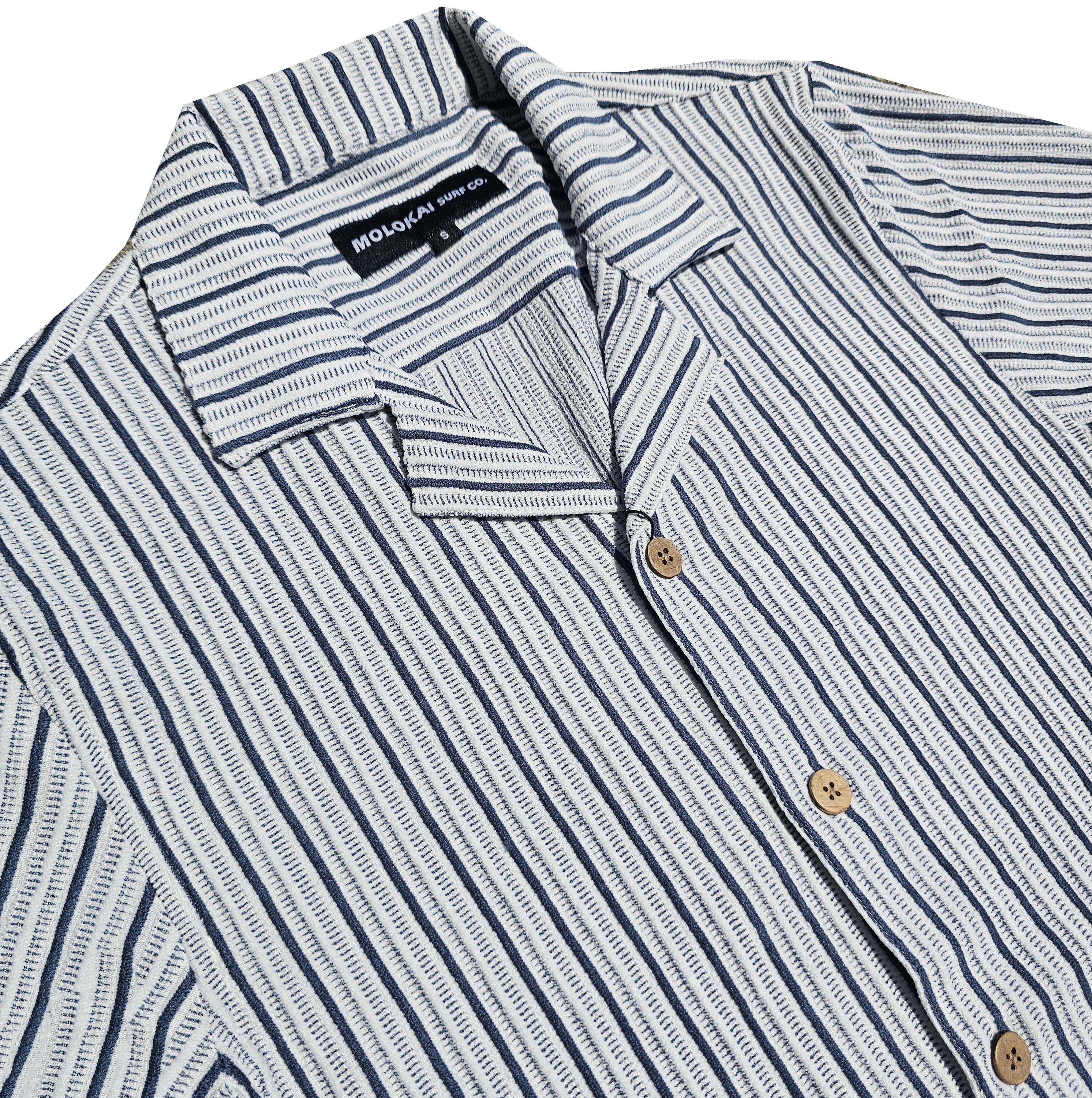 Navy and Cream Striped Crochet Button Down Shirt
