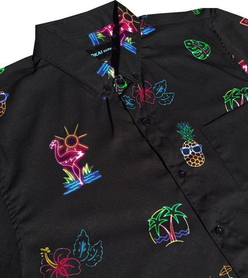 Black Tropical Neon Lights Down Shirt