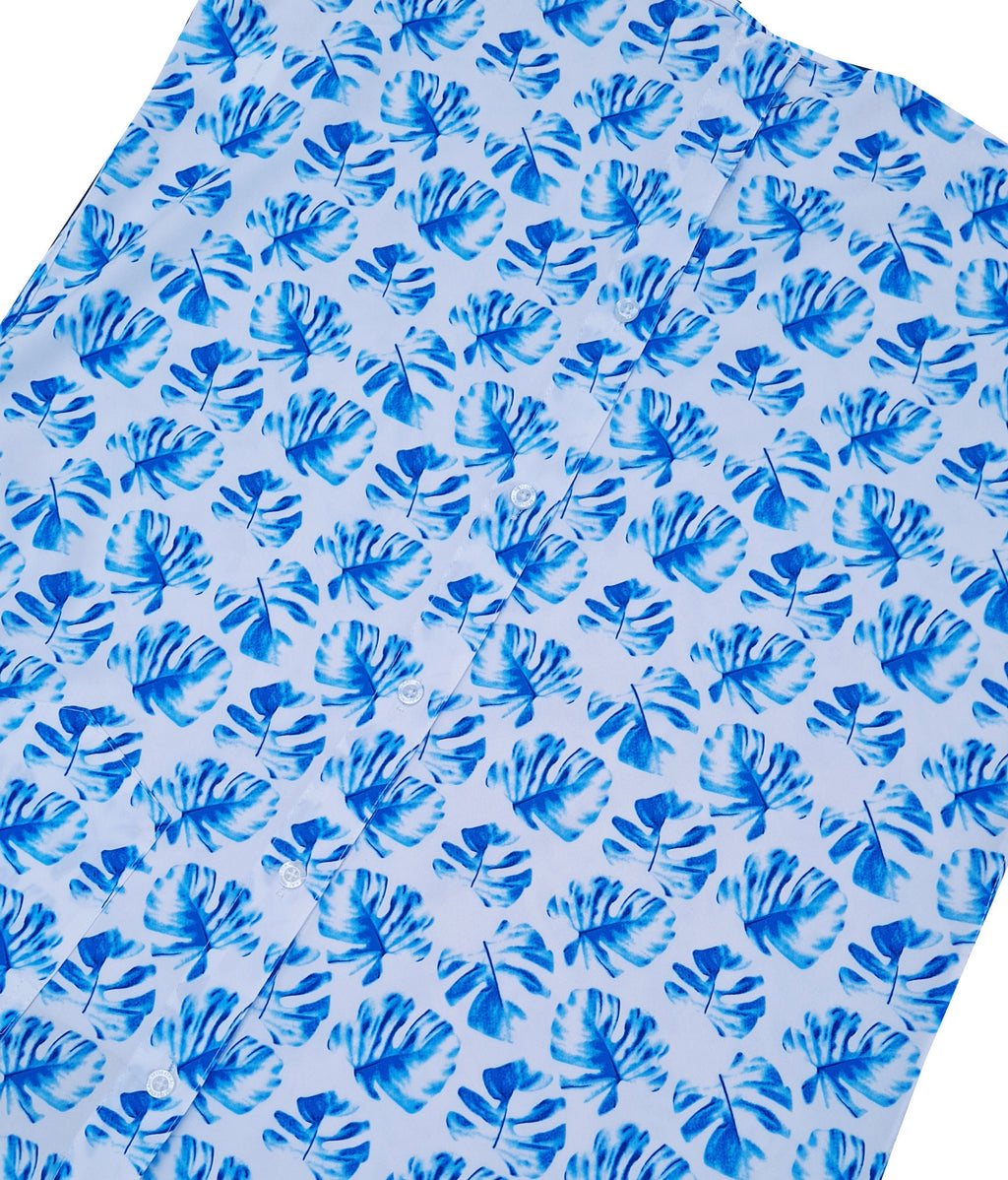 White and Blue Monstera Button Down Shirt