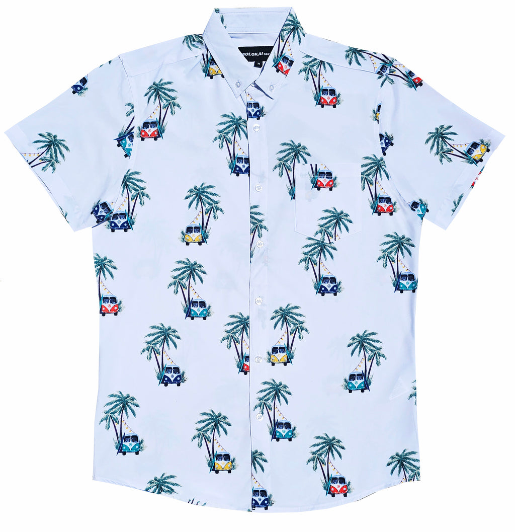 White Beach Cars and Palms Button Down Shirt