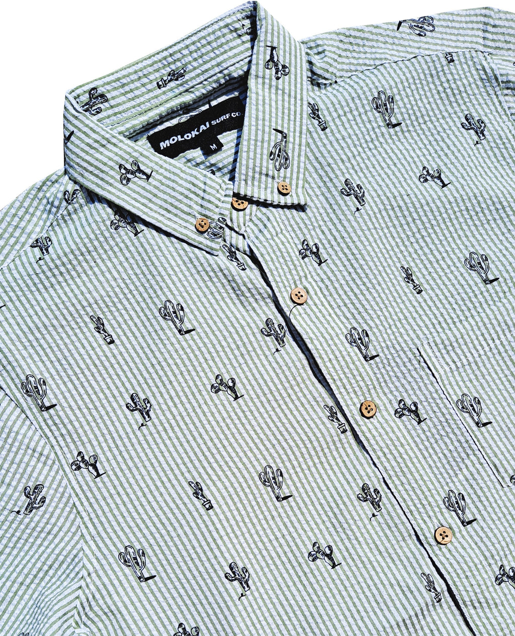 Olive Green Striped Cactus Seersucker Button Down Shirt