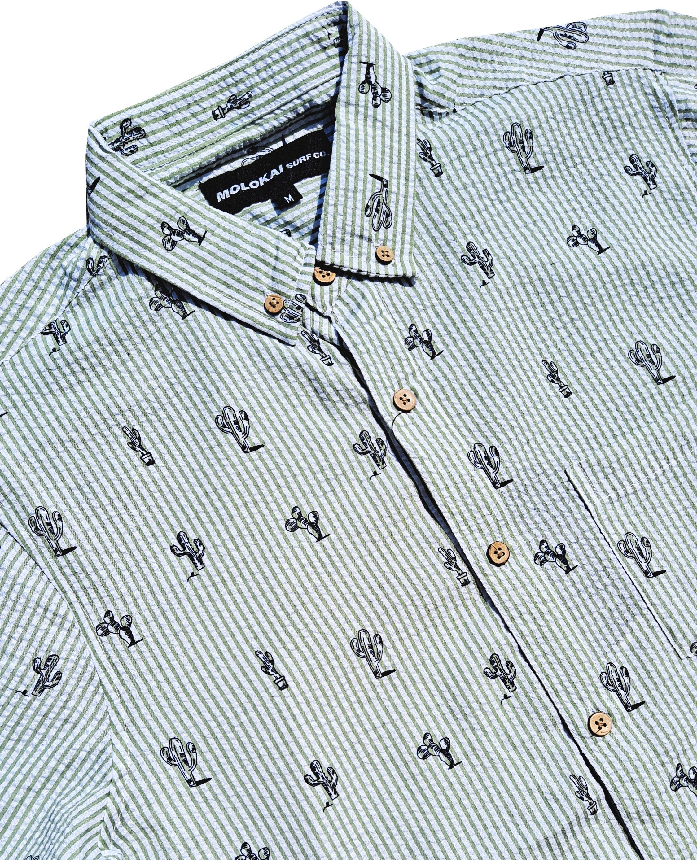 Olive Green Striped Cactus Seersucker Button Down Shirt