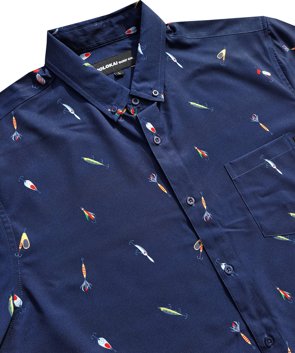 Navy Fish Hooks Button Down Shirt