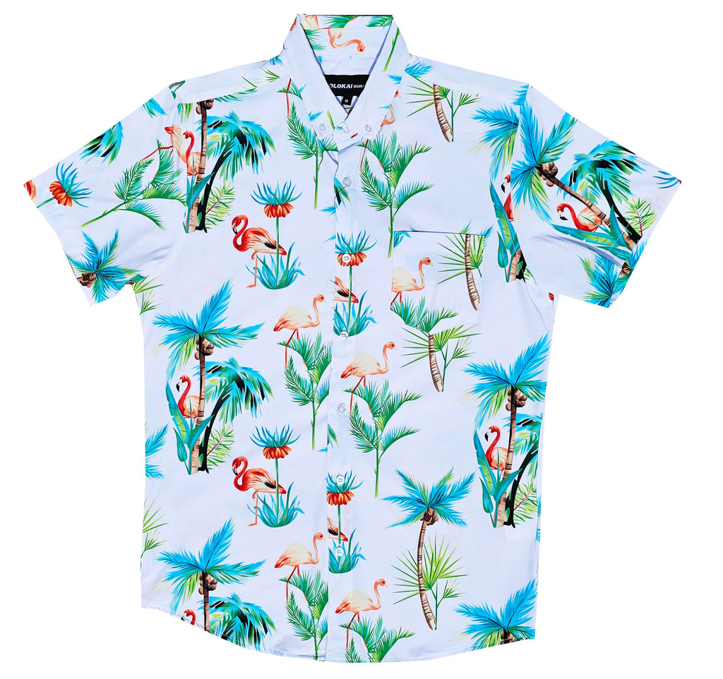 White Tropical Flamingo Button Down Shirt